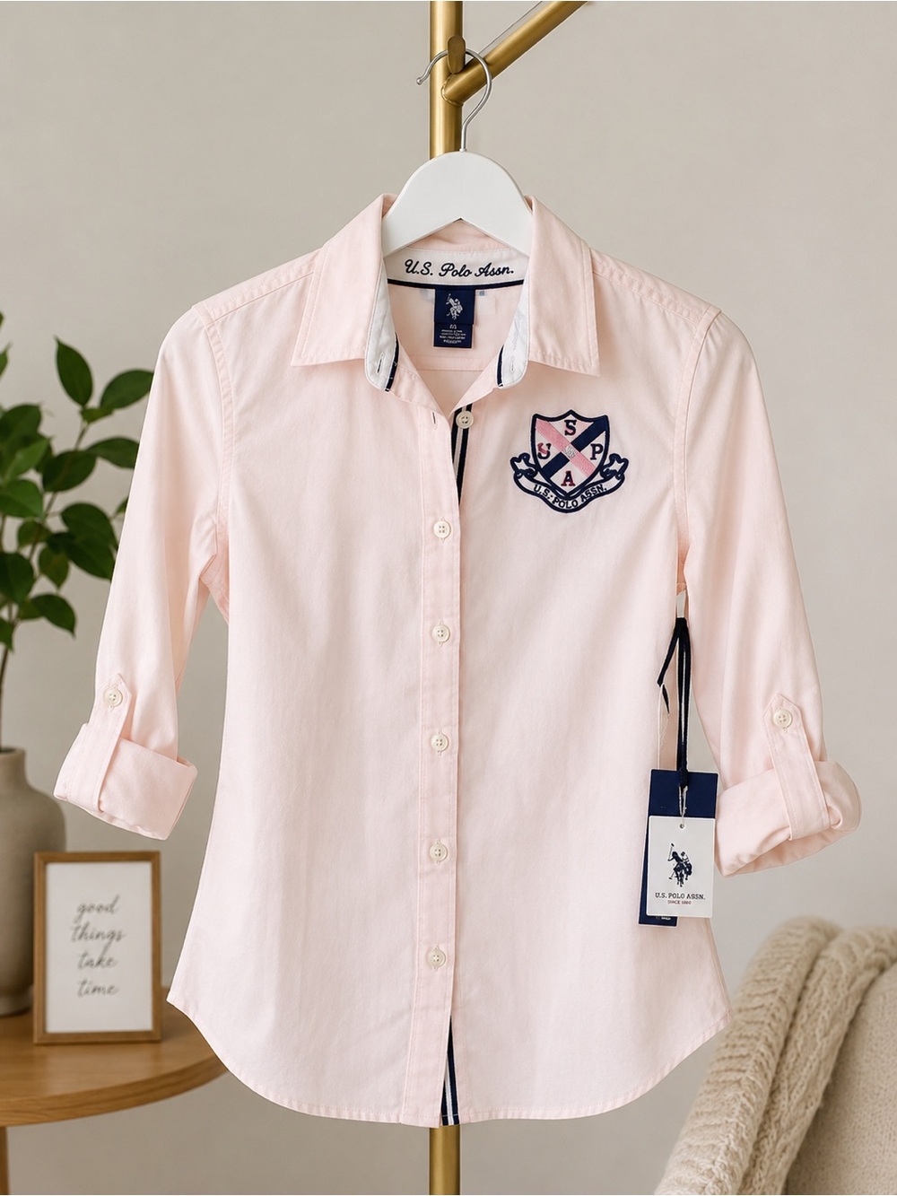 NWT U.S. Polo Assn. Pink Crest Button Down Shirt XS